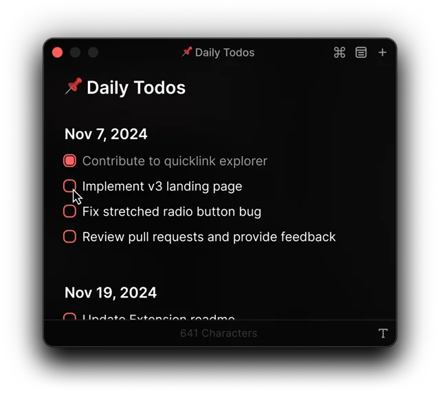 Raycast Notes floating window with daily todos