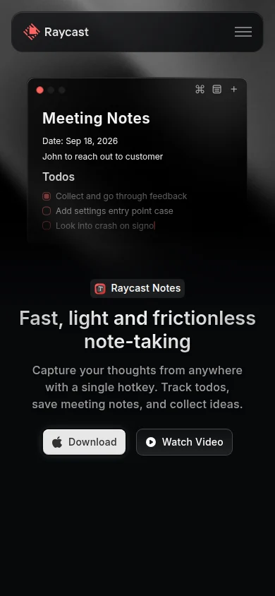 Captured Raycast /core-features/notes public page at 390 pixels
