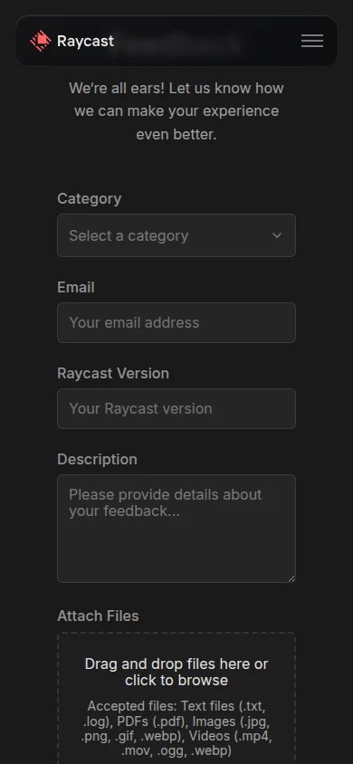 Captured Raycast /feedback public page at 390 pixels