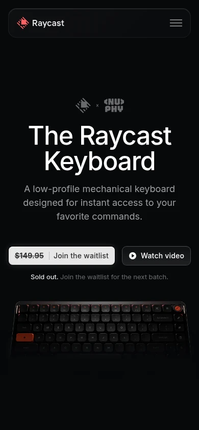 Captured Raycast /keyboard public page at 390 pixels