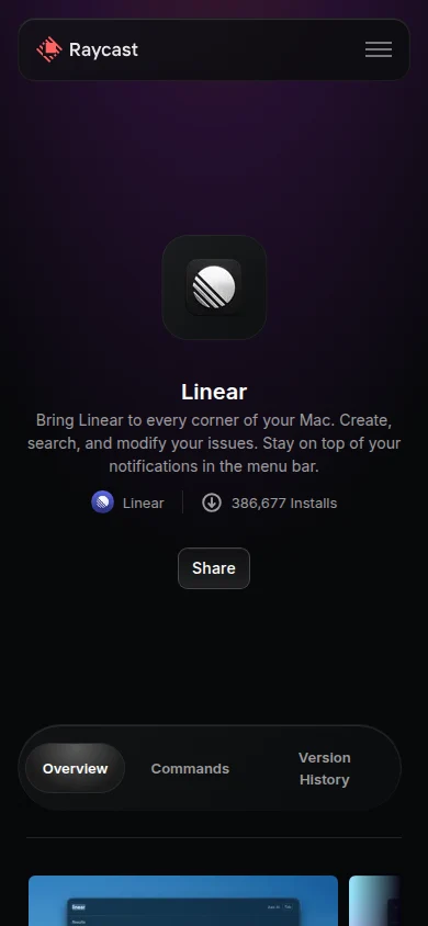 Captured Raycast /linear/linear public page at 390 pixels