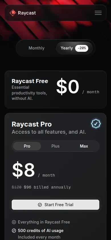 Captured Raycast /pricing public page at 390 pixels