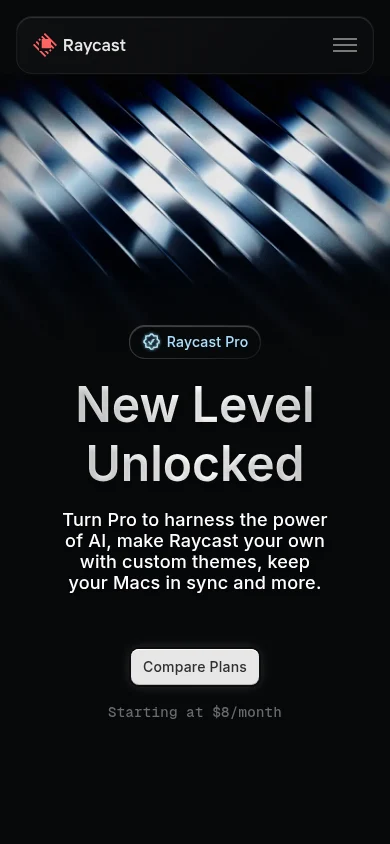 Captured Raycast /pro public page at 390 pixels