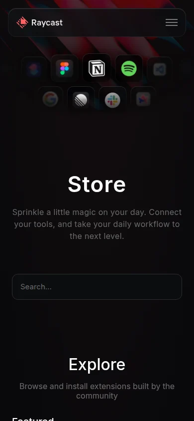 Captured Raycast /store public page at 390 pixels